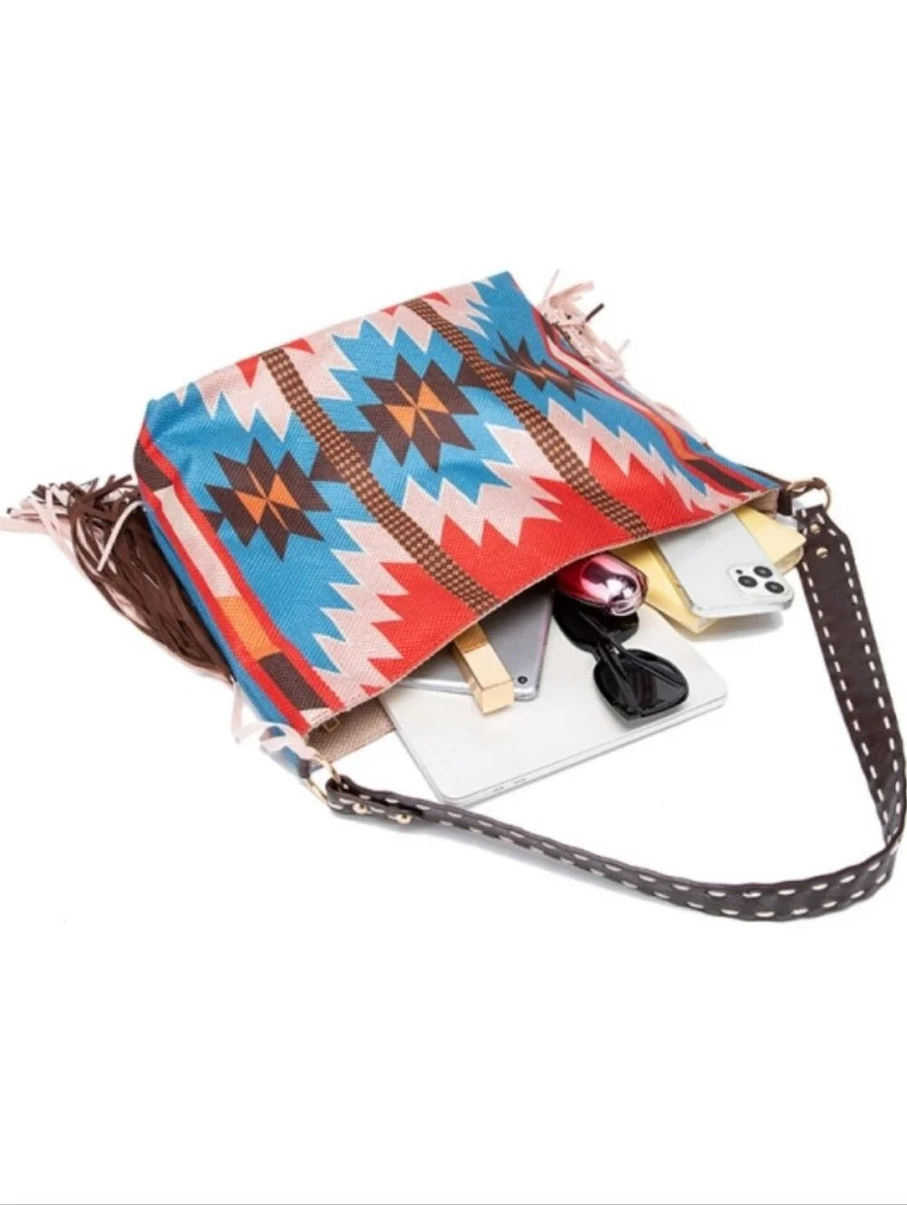 NWT Boho Western Aztec Print Shoulder Hobo Bag with fringe Tassels